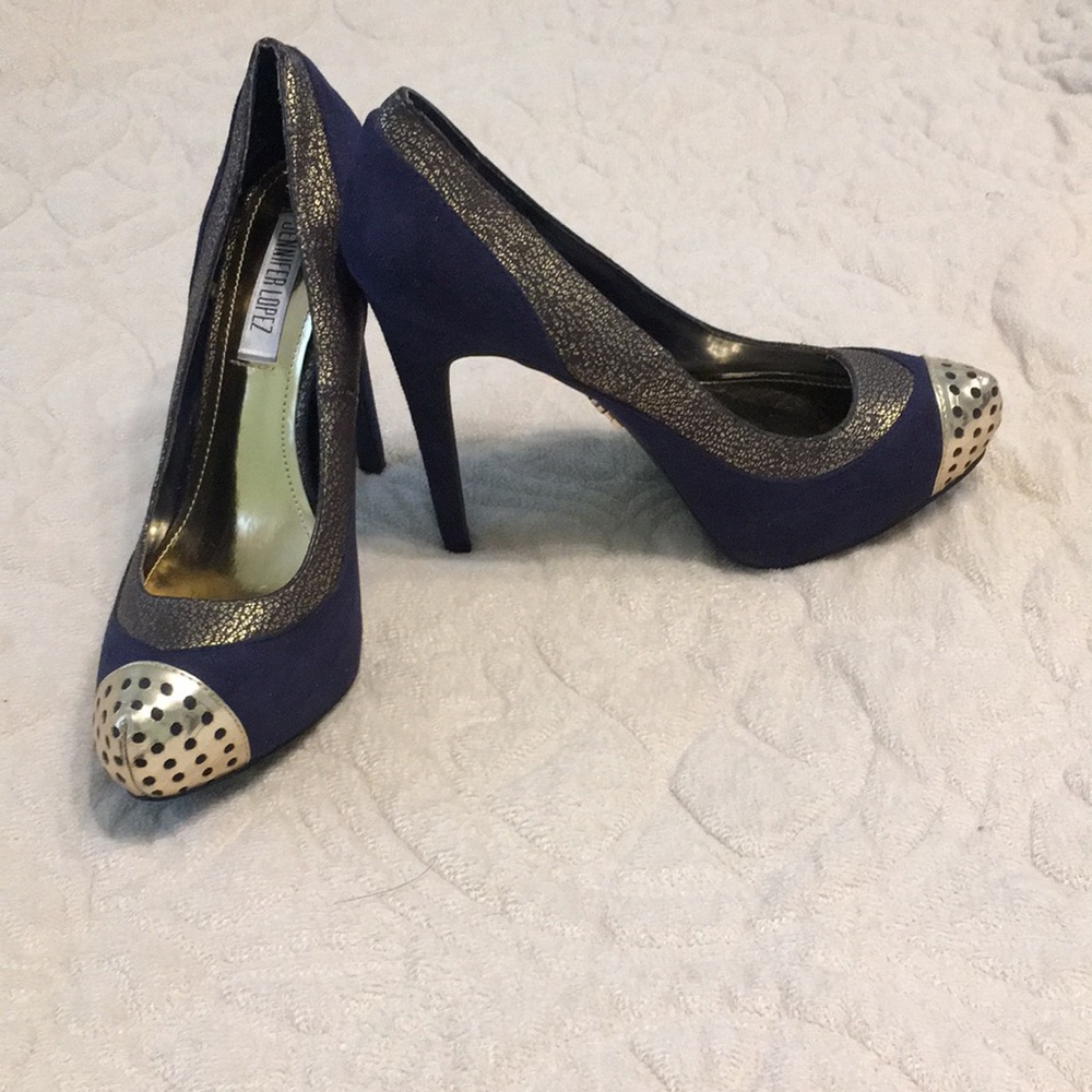 NWOT Jennifer Lopez Royal Blue and Gold Heels